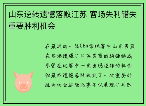 山东逆转遗憾落败江苏 客场失利错失重要胜利机会