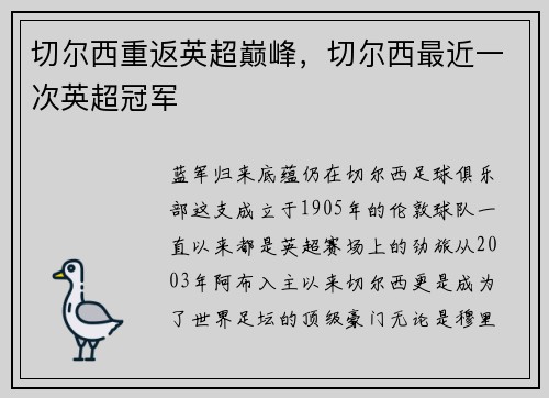 切尔西重返英超巅峰，切尔西最近一次英超冠军