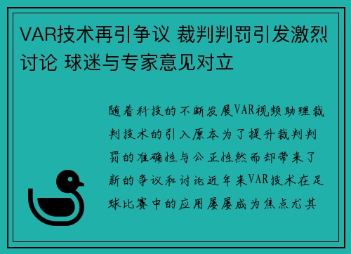 VAR技术再引争议 裁判判罚引发激烈讨论 球迷与专家意见对立