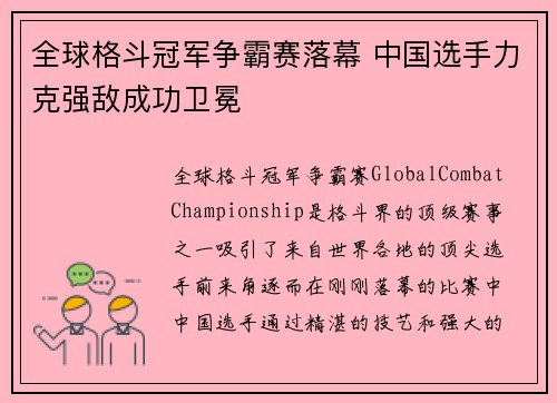 全球格斗冠军争霸赛落幕 中国选手力克强敌成功卫冕
