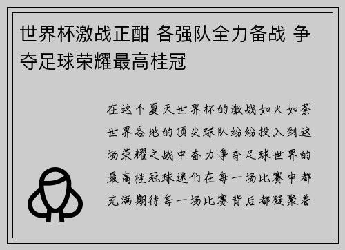 世界杯激战正酣 各强队全力备战 争夺足球荣耀最高桂冠