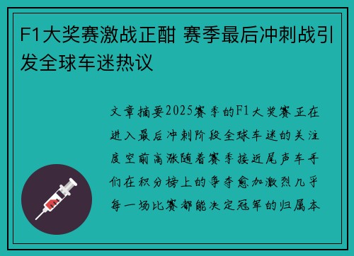 F1大奖赛激战正酣 赛季最后冲刺战引发全球车迷热议