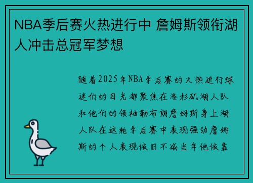 NBA季后赛火热进行中 詹姆斯领衔湖人冲击总冠军梦想